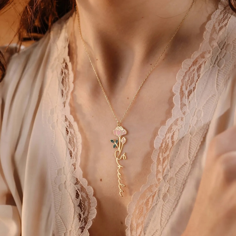 Birth Flower Necklace - Collar con nombre personalizado con flor